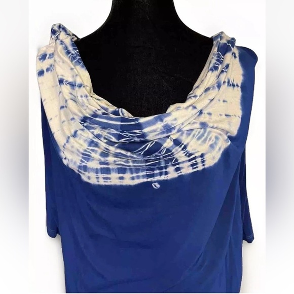 Soft Surroundings Top 1X Cowl Neck Tie Dye Blue Jersey Soft Vacation Beach USA - Picture 3 of 9